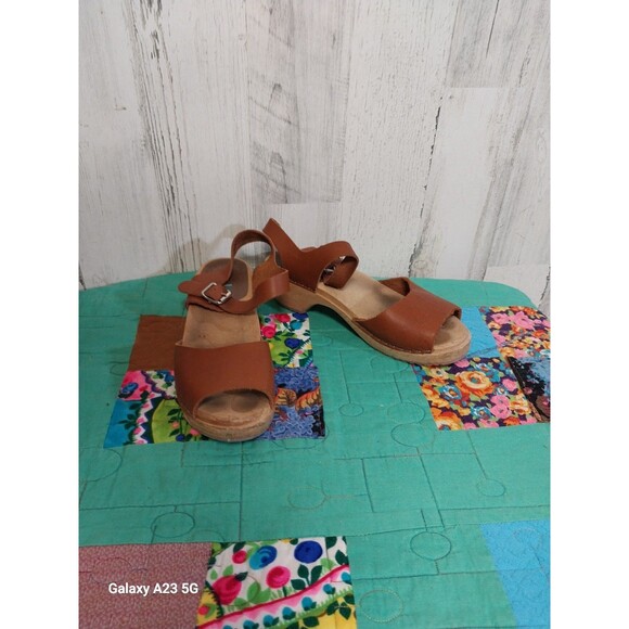 MIA Anja Briwn Leather Open Toe Slingback Wooden Clogs EU 38 US 7.5-8 - Picture 1 of 9